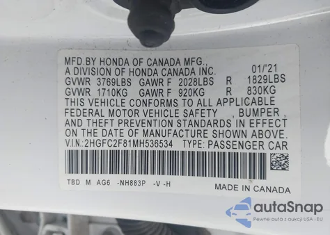 2021 Honda Civic Sport z USA, uszkodzony, nr VIN 2HGFC2F81MH536534